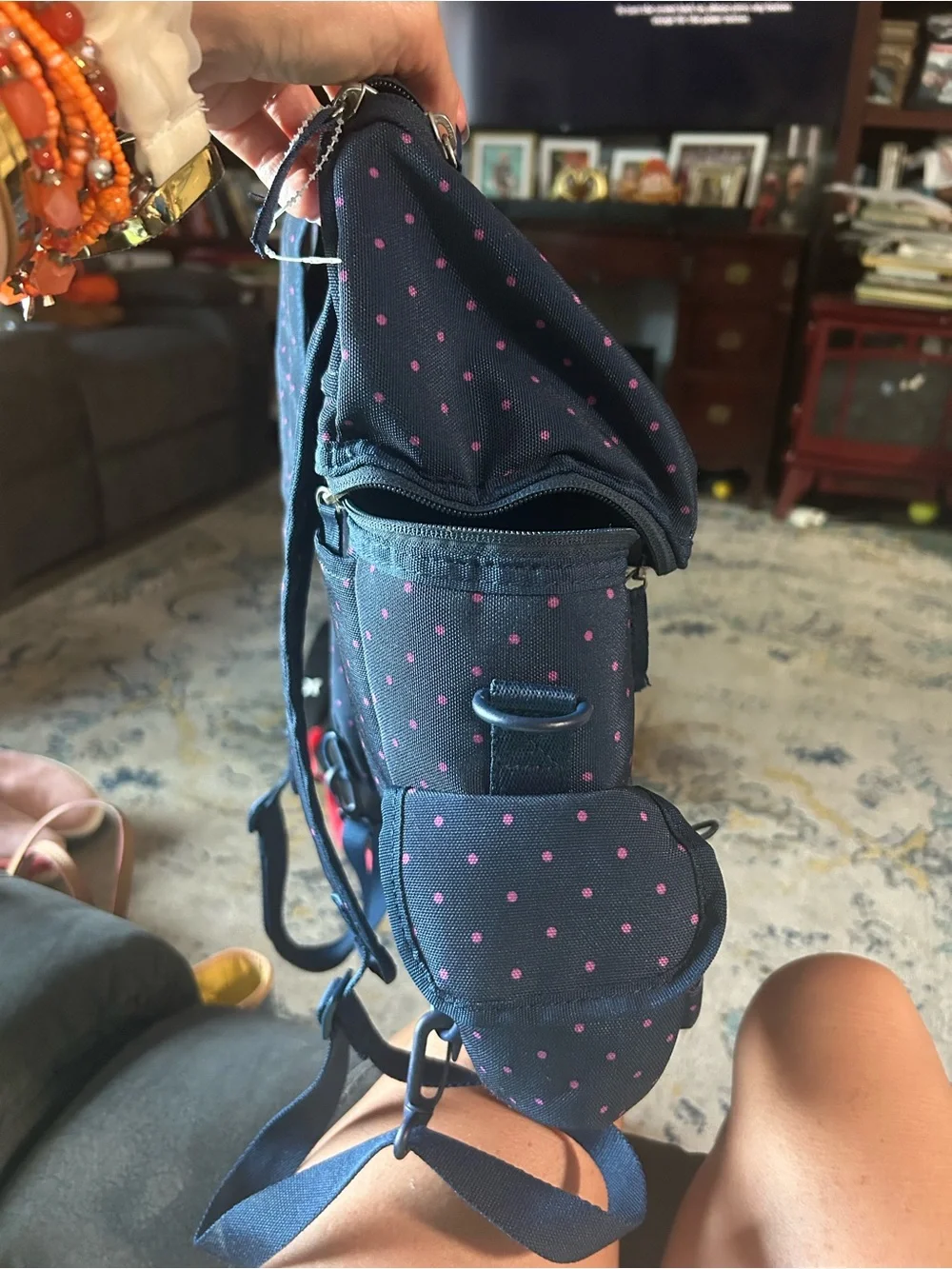 Matilda Jane Navy Backpack with Pink Polka Dots